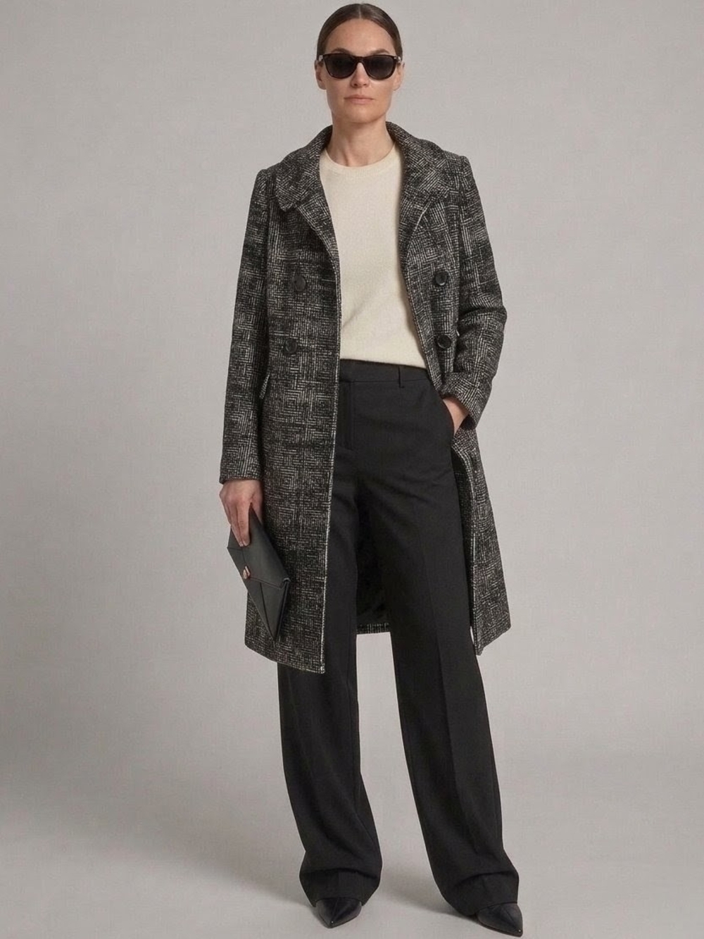 Helene Berman London Wool Tweed Geometric Jacquard Double Breasted Coat Sz L